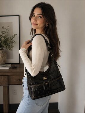 Vintage Dooney & Bourke Black Croc Embossed Leather Hobo Shoulder Bag